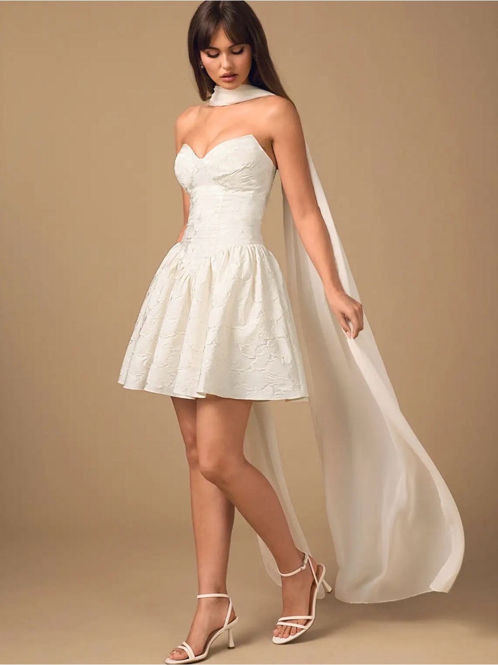 Azazie White Strapless Textured Mini Dress with Dramatic Scarf